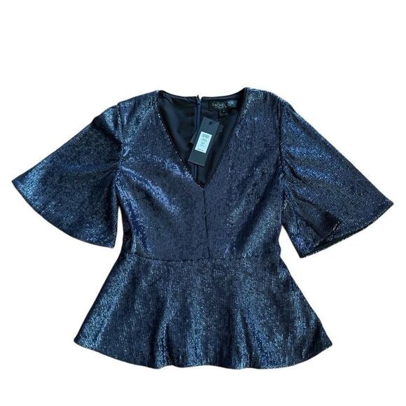 NWT Rachel Zoe Women's V Neck Clover Baby Doll Sequin Blouse in Navy Blue Size 4 - Picture 6 of 9